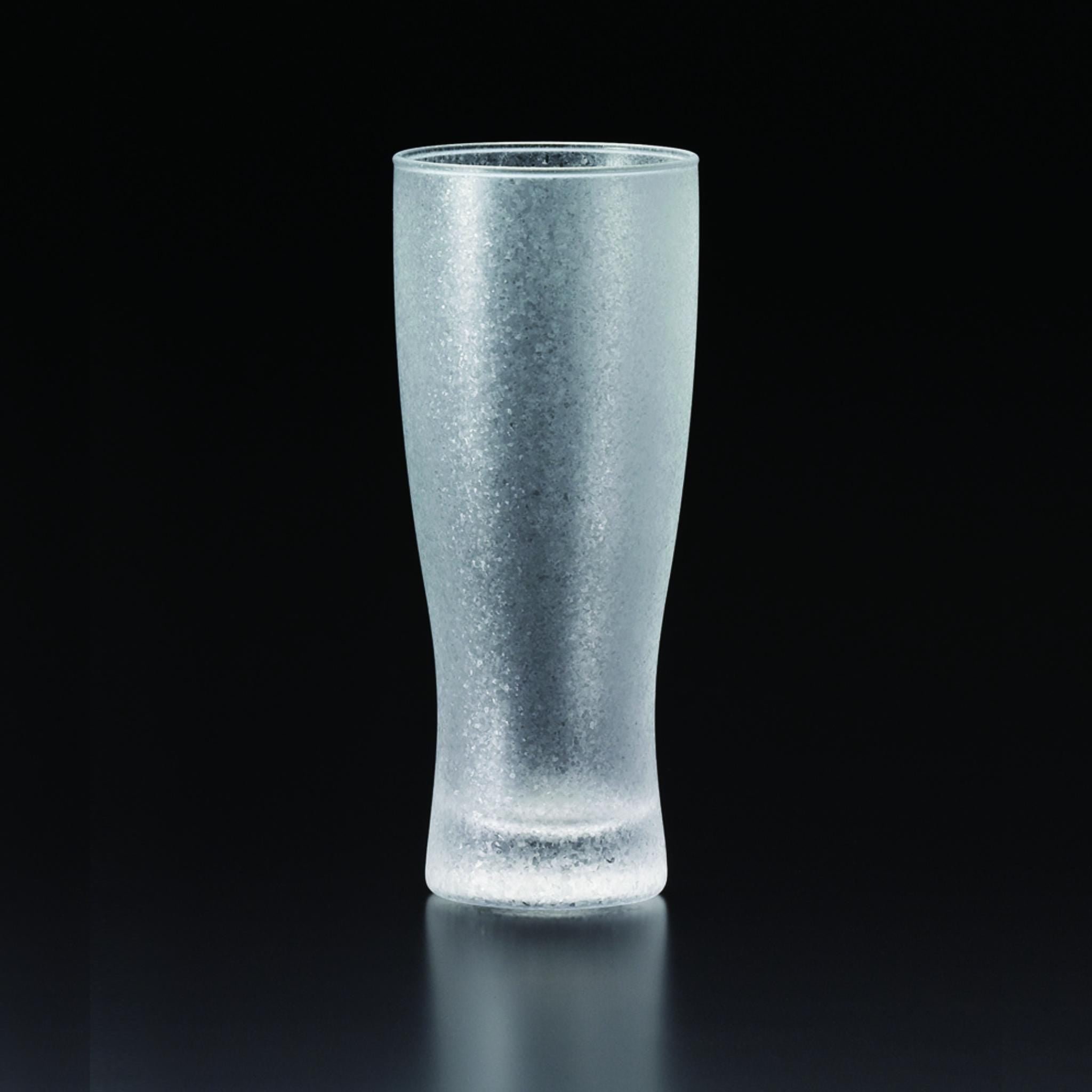 twinkle frost bling beer glass with textured frosted coating made in Japan, from Hem And Tassel on a dark background
