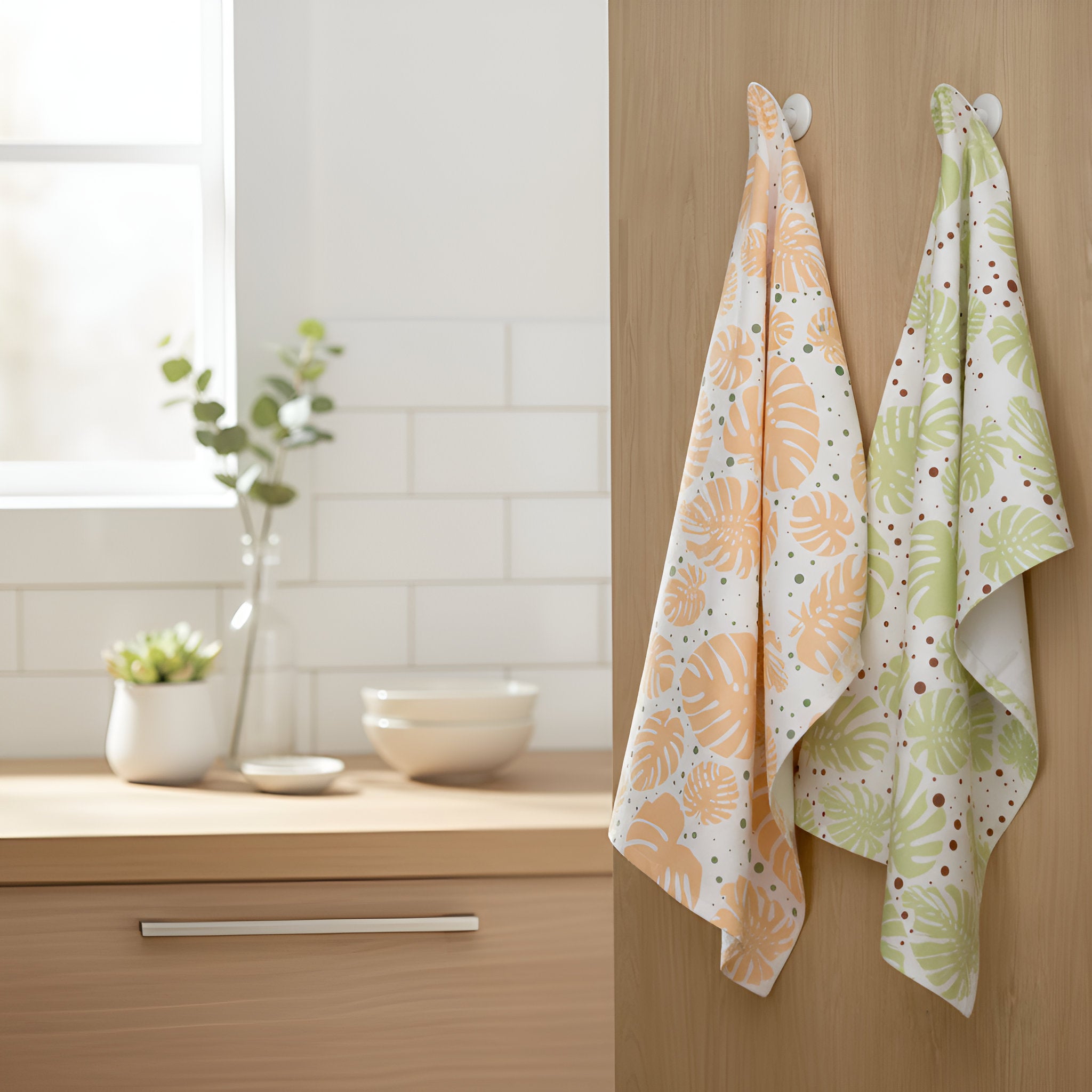 Two monstera leaf patterned kitchen towels hanging on a wooden cabinet with a potted plant on the kitchen counter. The towels are in peach, and light green on white backgrounds from Hem And Tassel 