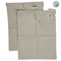 two fair trade hemp cotton produce bags with draw strings from Hem And Tassel  lying flat on a white background