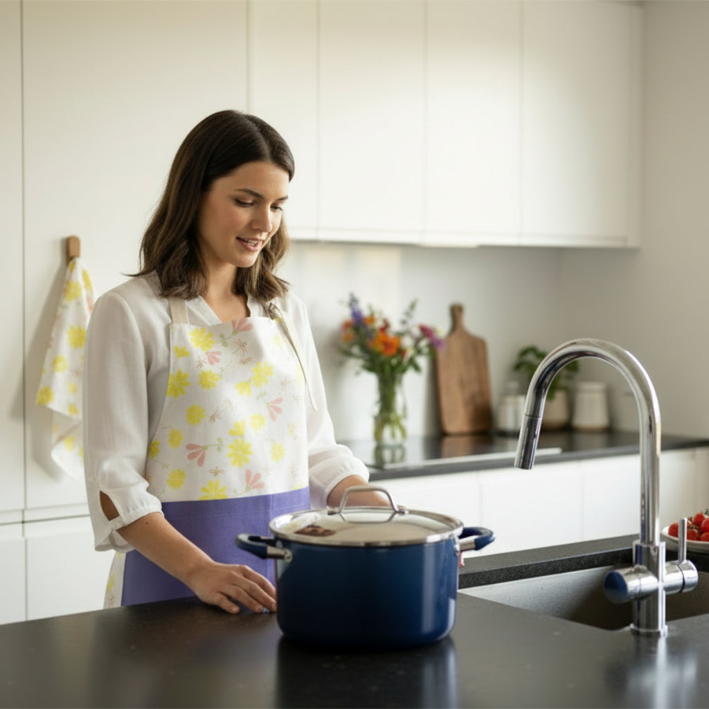 Woman in a kitchen holding a blue pot with a floral shy dragonfly apron from Hem And Tassel 