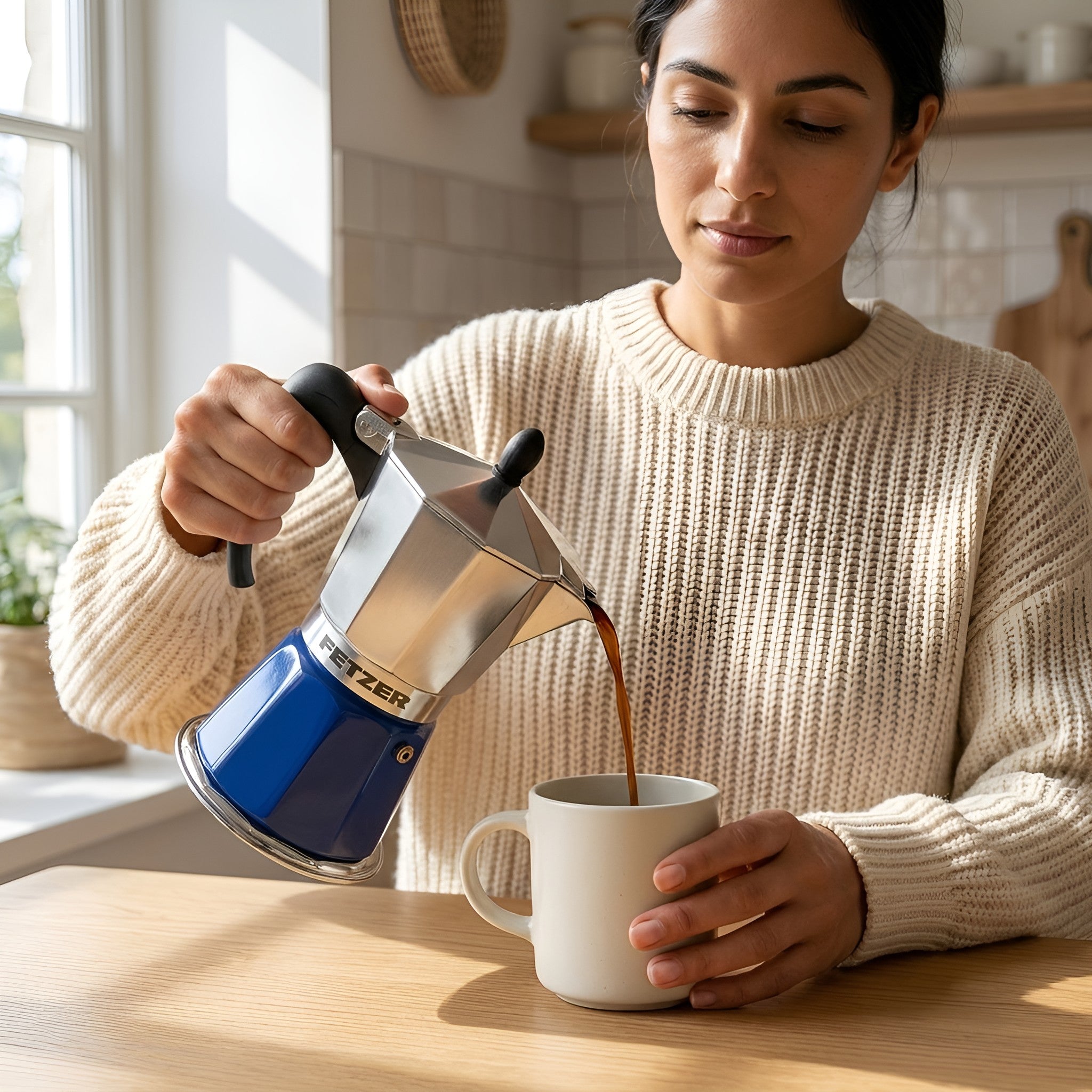 A woman in a cream knit sweater pours coffee from a blue and stainless steel Moka pot into a white mug on a wooden table in a bright kitchen from Hem And Tassel