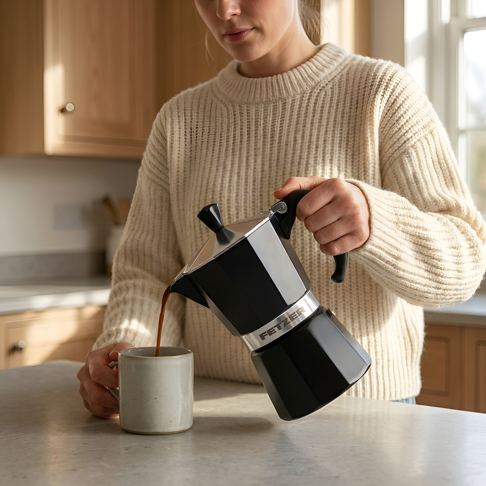 A woman in a cream ribbed knit sweater pours coffee from a black and silver Moka pot into a light gray ceramic mug on a kitchen counter from Hem And Tassel