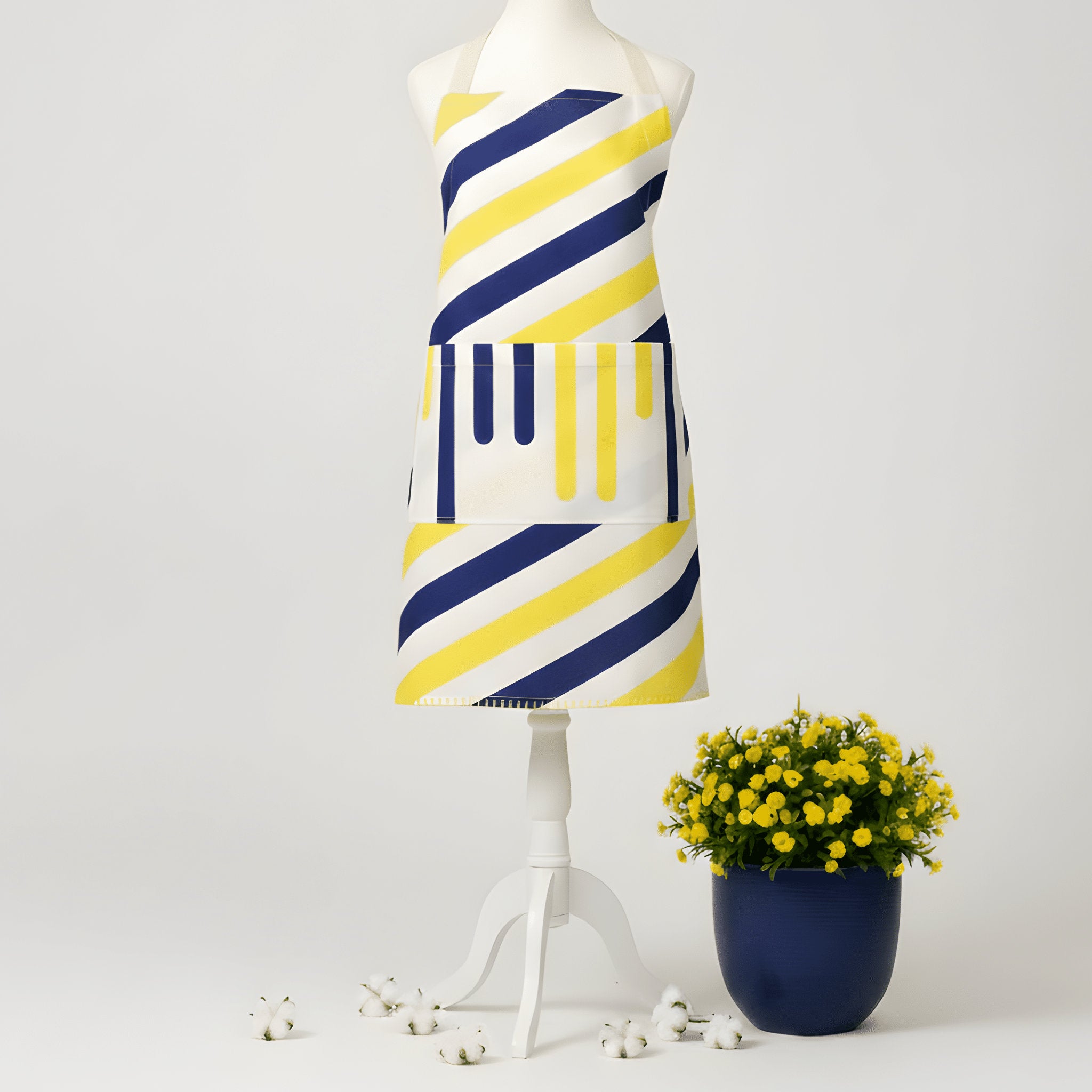 A cotton apron with a navy blue, yellow, and white diagonal stripe and drip pattern, displayed on a white mannequin stand next to a small potted yellow flower from Hem And Tassel 