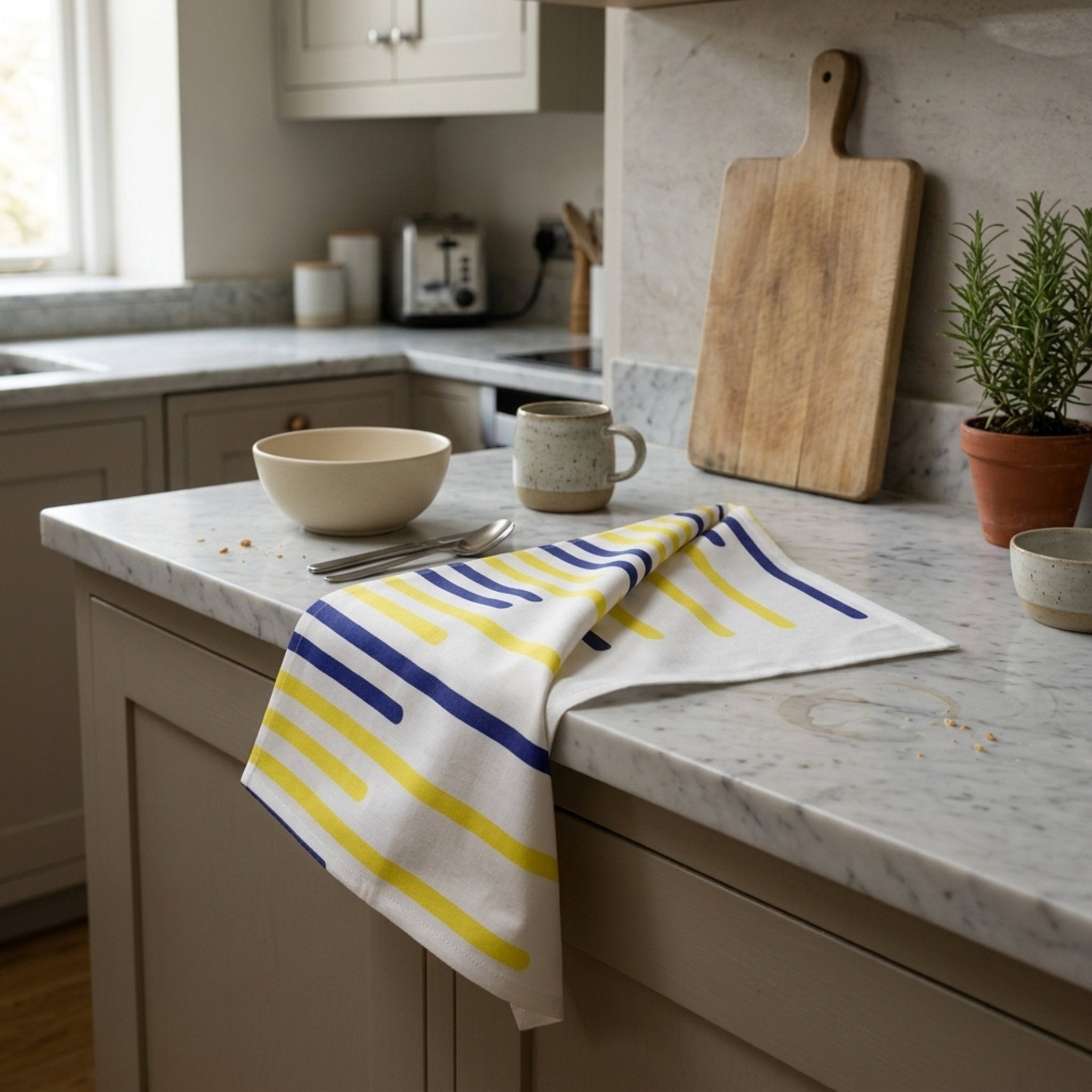 A white kitchen tea towel with yellow and navy blue horizontal stripe patterns draped over a marble countertop in a modern kitchen setting from Hem And Tassel