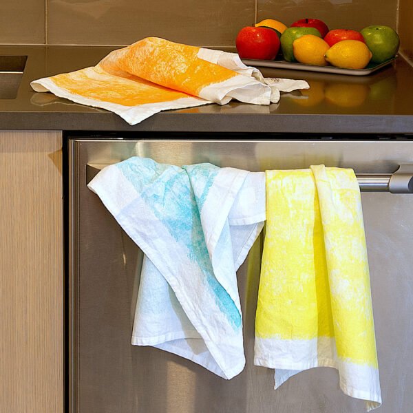 100% Cotton Towels, Colorful Distressed Print, rustic Tie Dye Look, three in kitchen