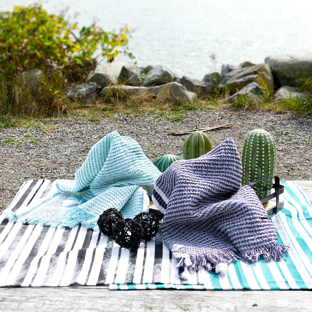 100 Cotton KITCHEN Towels, Stonewashed, Waffle WEAVE, Green AND Graphite, SHOWN ON A BBQ TABLE