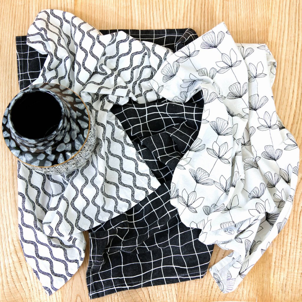 100% Cotton Towels, Crinkled Flour sack, Designer Print, BW, on a table