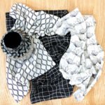 100% Cotton Towels, Crinkled Flour sack, Designer Print, black and white, on a table