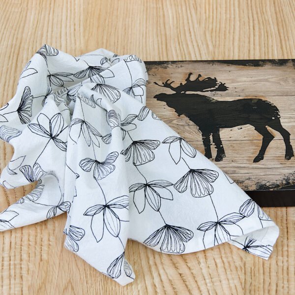 100% Cotton Towels, Crinkled Flour sack, Designer Print, black and white, on a table