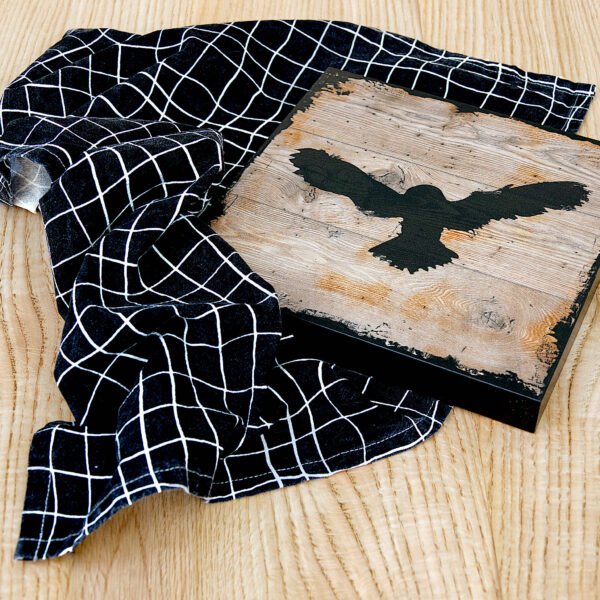 100% Cotton Towels, Crinkled Flour sack, Designer Print, black and white, on a table
