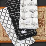 100% Cotton Towels, Crinkled Flour sack, Designer Print, black and white, on a table