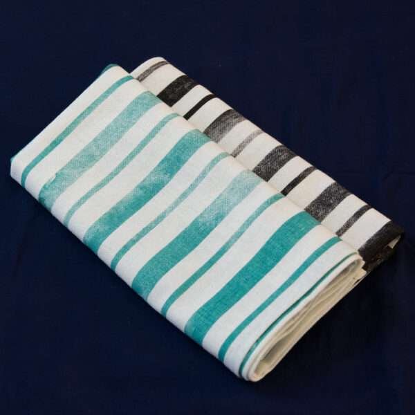 100% Cotton Towels, Printed, Distressed Stripes, charcoal and grass, two folded and stacked