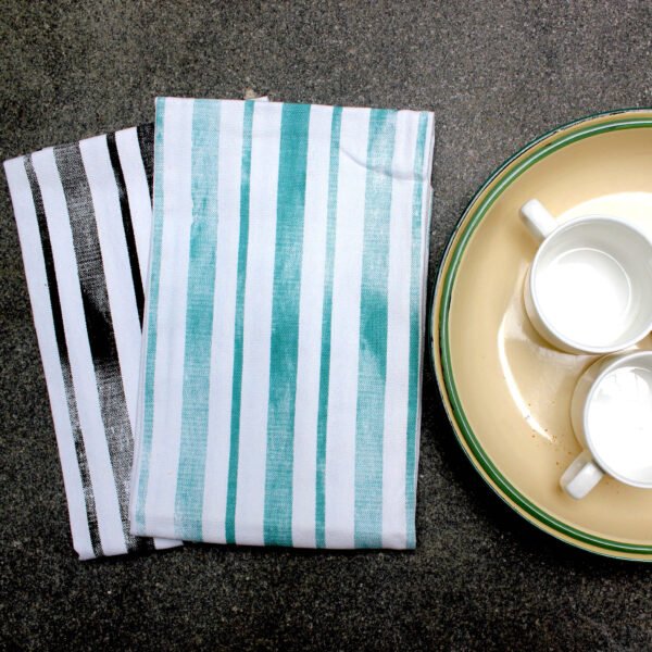 100% Cotton Towels set of 2 with distressed print stripes in green on one and black on the other