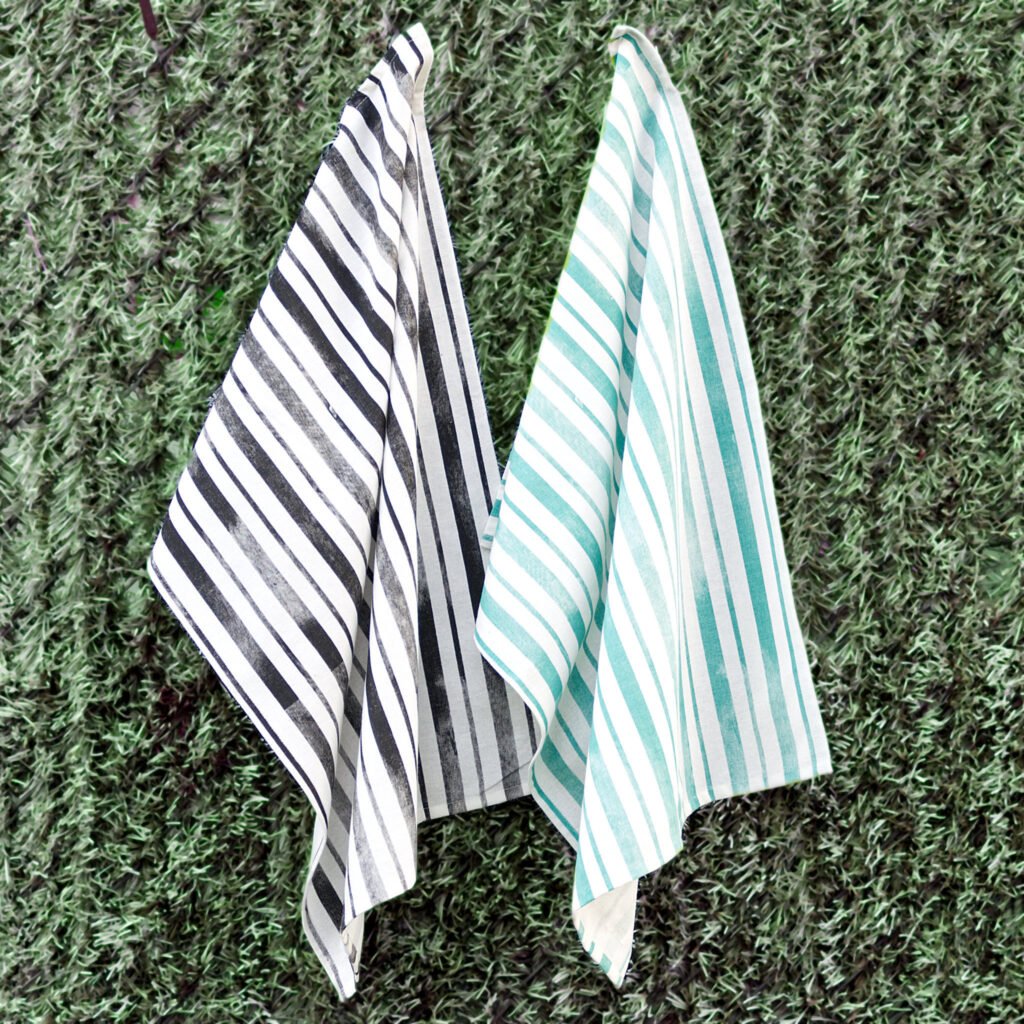 100% Cotton Towels, Printed, Distressed Stripes, charcoal and grass, two hanging