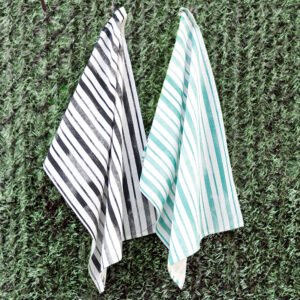 100% Cotton Towels, Printed, Distressed Stripes, charcoal and grass, two hanging