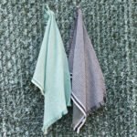 100 Cotton KITCHEN Towels, Stonewashed, Waffle WEAVE, Green AND Graphite, SHOWN HANGING OUTDOORS