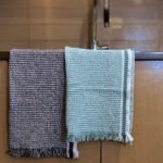 100 Cotton KITCHEN Towels, Stonewashed, Waffle WEAVE, Green AND Graphite, SHOWN HANGING IN KITCHEN