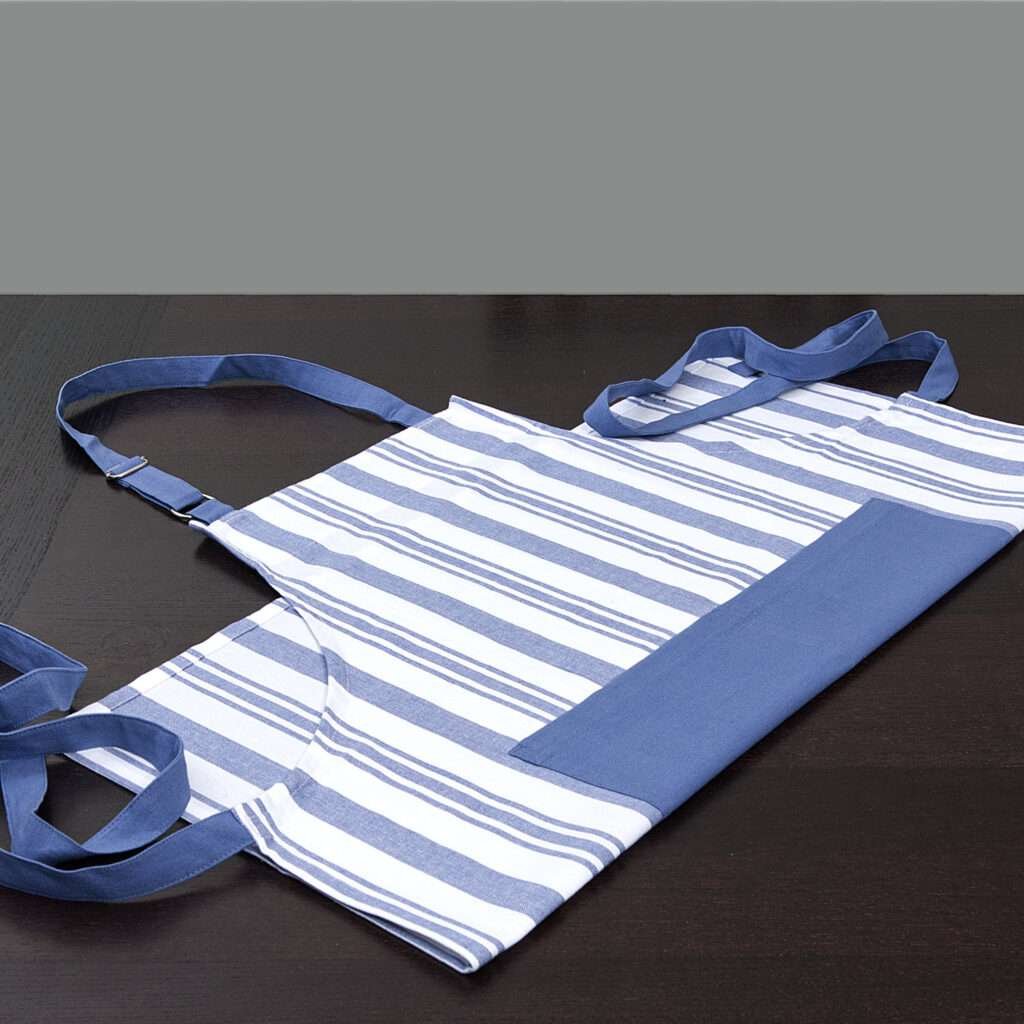 dual adjustable Everyday cooking and baking Apron in Classic blue stripes and solid blue divided pocket with Adjustable neck straps