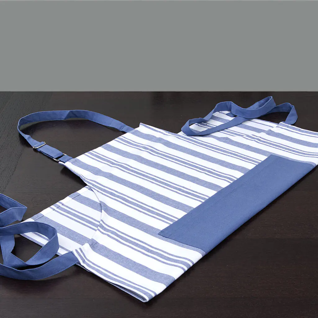 dual adjustable Everyday cooking and baking Apron in Classic blue stripes and solid blue divided pocket with Adjustable neck straps