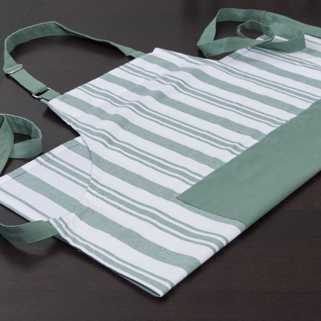 Everyday cooking and baking Apron in Classic green stripes and solid green divided pocket with Adjustable neck straps