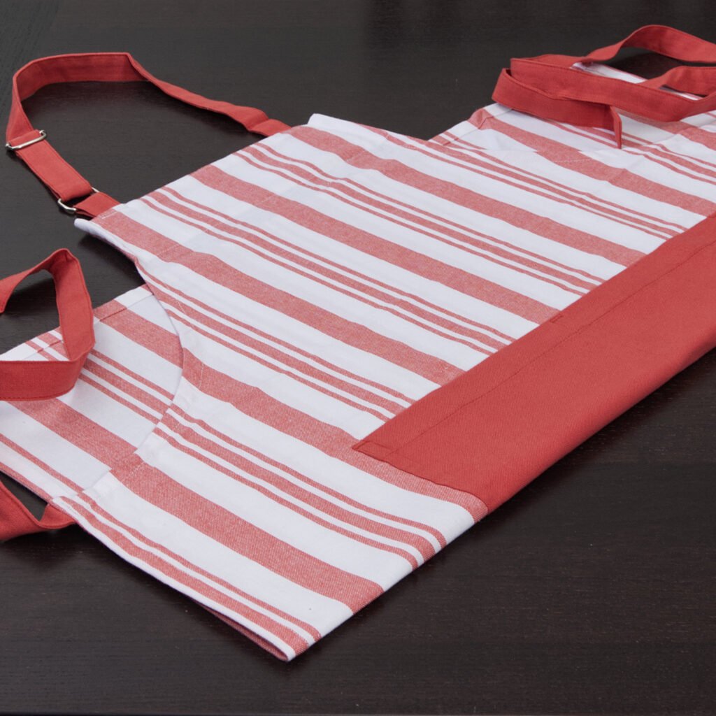 Everyday cooking and baking Apron in Classic red stripes and solid red divided pocket with Adjustable neck straps