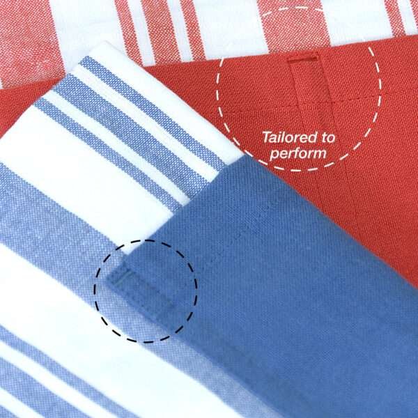 dual adjustable Everyday cooking and baking Aprons in Classic blue and Classic red. Design with stripes and solid blue divided pocket with Adjustable neck straps showing tailoring features