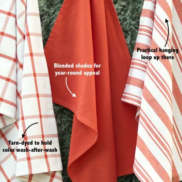 Features of three large 100% cotton kitchen towels in flat weave shown hanging, of decade classics style, in solid red, checks and stripes