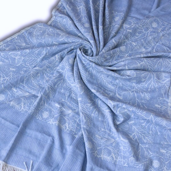 Throw From Europe 100% Cotton Reversible Jacquard Garden pattern Blue Fanned out on Blue side