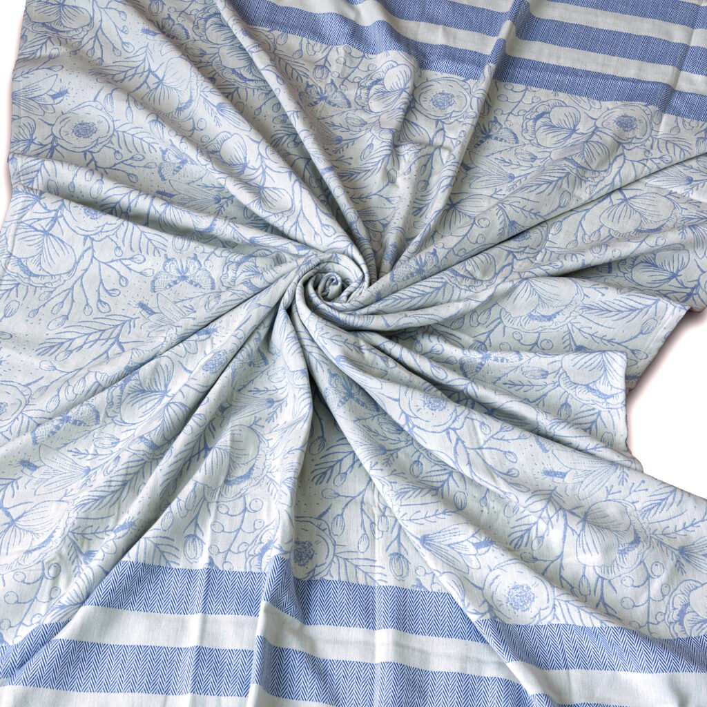 Throw From Europe 100% Cotton Reversible Jacquard Garden pattern in ocean blue color on ecru side Fanned out