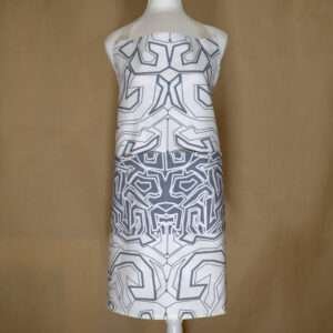squiggles symmetric design apron in oil on mannequin from hem and tassel