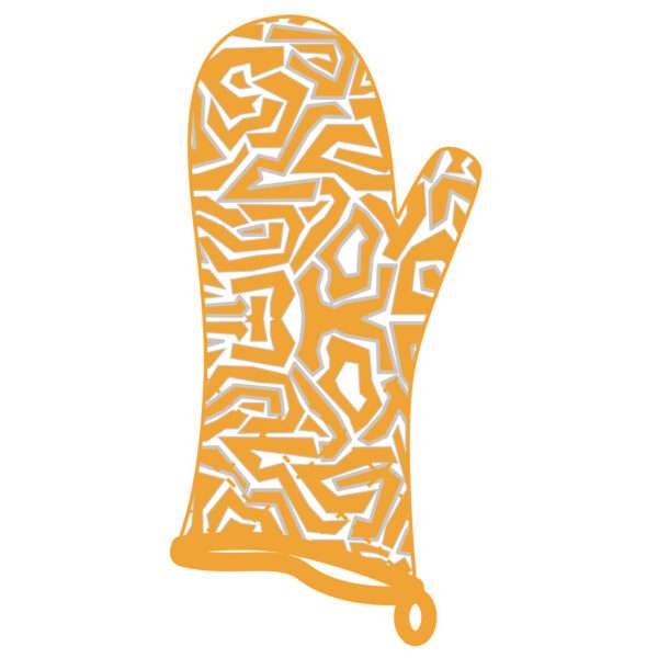 simulated image of oven mitt in squiggles design in orange and slate