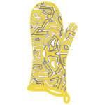 simulated image of oven mitt in squiggles design in yellow and purple
