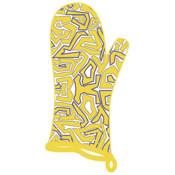 simulated image of oven mitt in squiggles design in yellow and purple