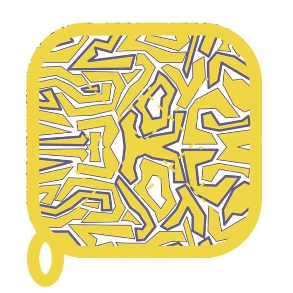 simulated image of pot holder in squiggles design in yellow and purple