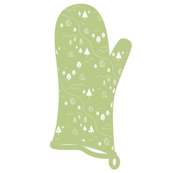 simulated image of oven mitt in tiny countryside design in mint
