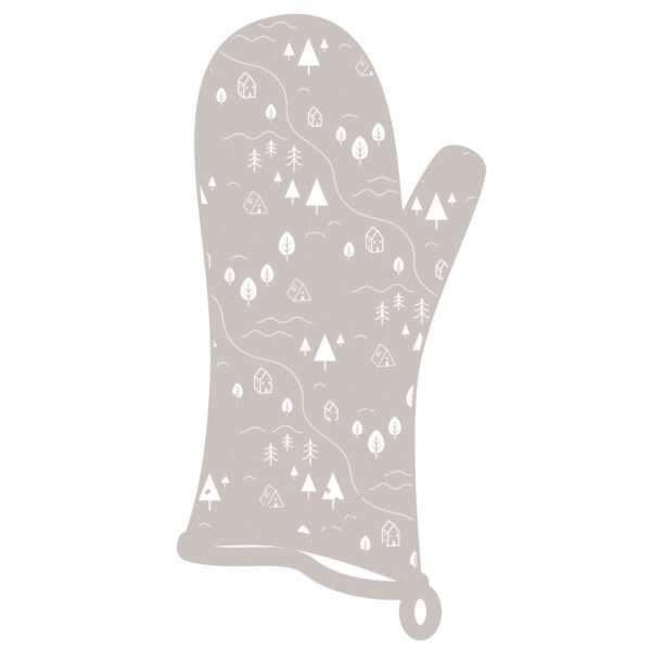 simulated image of oven mitt in tiny countryside design in grey