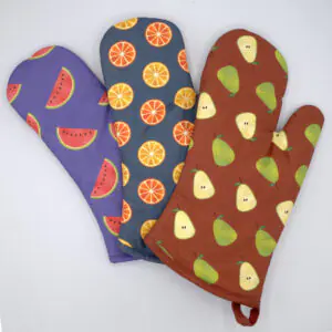 Faded fruit mitts fanned out from hem and tassel