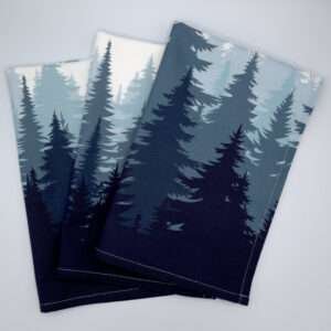 Forest design set of three tea towels fanned from hem and tassel