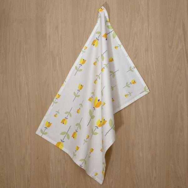 Lip TuLip design hanging tea towel in orange from hem and tassel