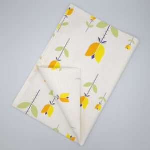 Lip TuLip design orange tea towel flat folded from hem and tassel