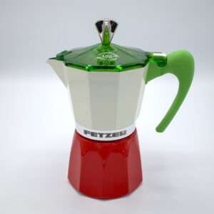 Bottom of 6-cup Dolce Vita classic black Moka Pot lying on table runner