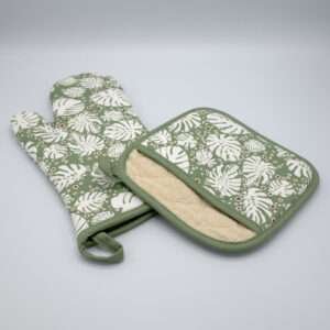 Monster-ah design mitt and pocketed hot pad in turf. kitchen accessories from hem and tassel