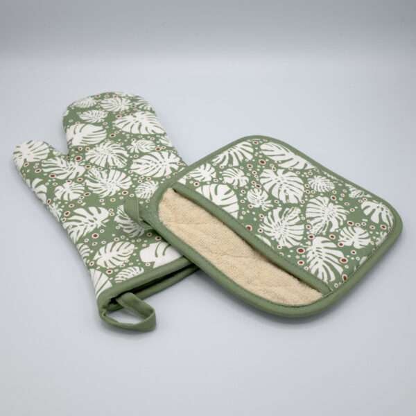 Monster-ah design mitt and pocketed hot pad in turf. kitchen accessories from hem and tassel