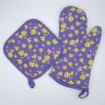 Shy dragonfly design mitt and hot pad in purple from hem and tassel