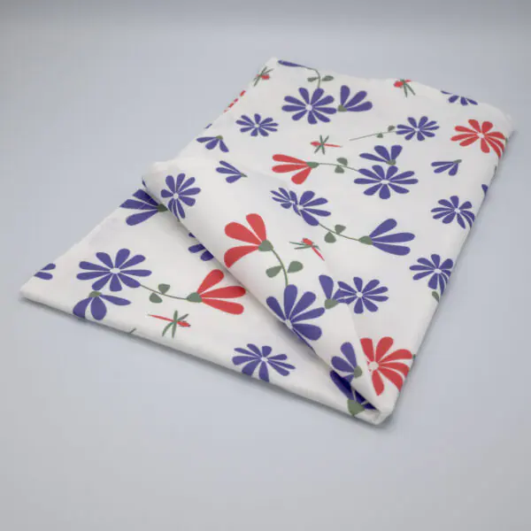 kitchen towel in shy dragonfly hiding design with purple and pink flowers