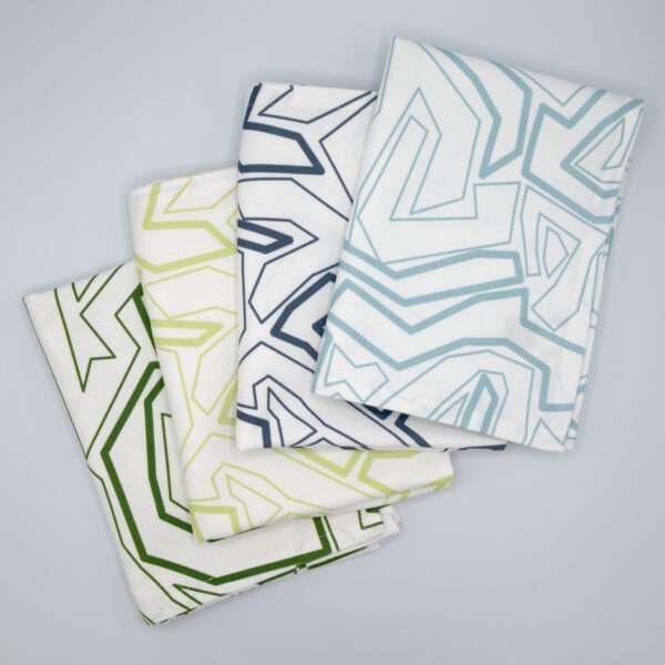 Squiggles geometry design four tea towels fanned from hem and tassel