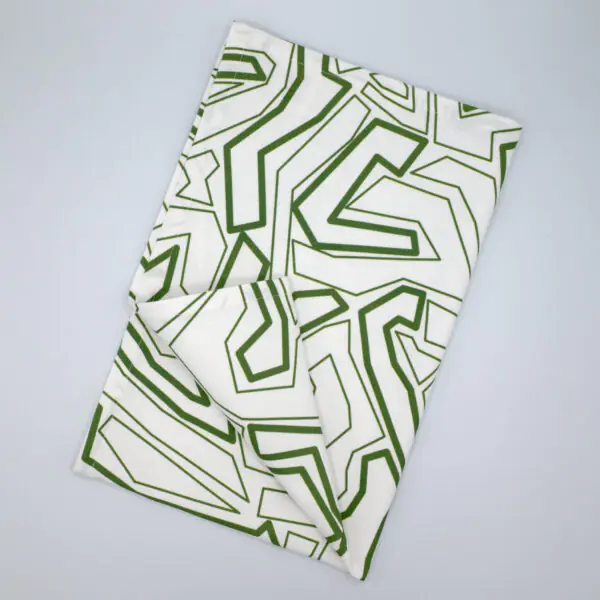 Squiggles geometry design green tea towel flat folded from hem and tassel
