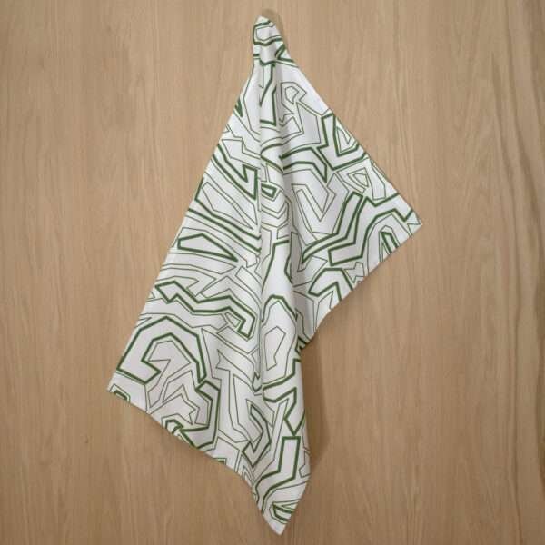 Squiggles geometry design hanging tea towel in green from hem and tassel