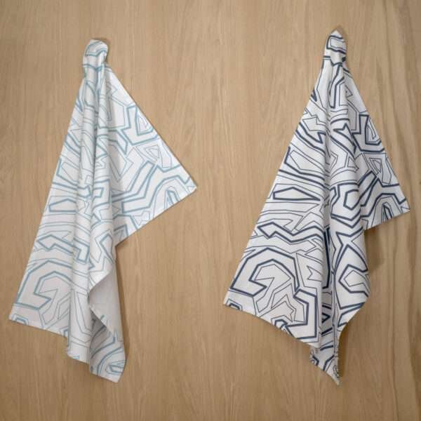 Squiggles geometry design hanging tea towels in blue and oil from hem and tassel
