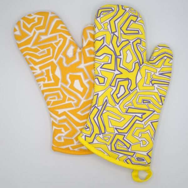 Squiggles maze design mitts in orange and yellow from hem and tassel